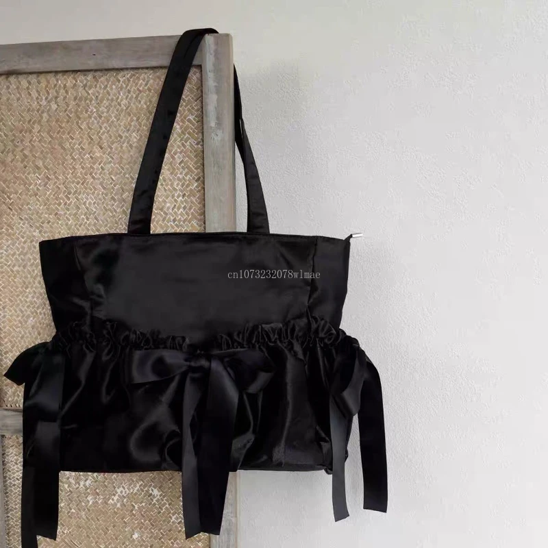 Women Satin Drawstring Pleated Bow Shoulder Bags Korean Casual Large Capacity Travel Bags Leisure Armpit Hobo Bag Commuting Bag