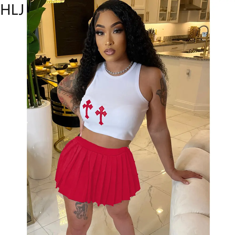

HLJ Fashion Street Style Women Printing Sleeveless Crop Top And Pleated Skirt Two Piece Sets Female Matching 2pcs Outfits Summer