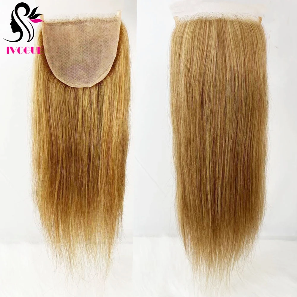 

5x5 Gloden Blonde Human Hair Closure Skin Base Silicone Silk Top Lace Closure Pre Plucked with Baby Hair Free Part Color #27