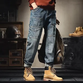 2024 Spring Autumn New Men's Cargo Pants Jeans Loose Fit Versatile Long Pants Comfortable Breathable Denim 1