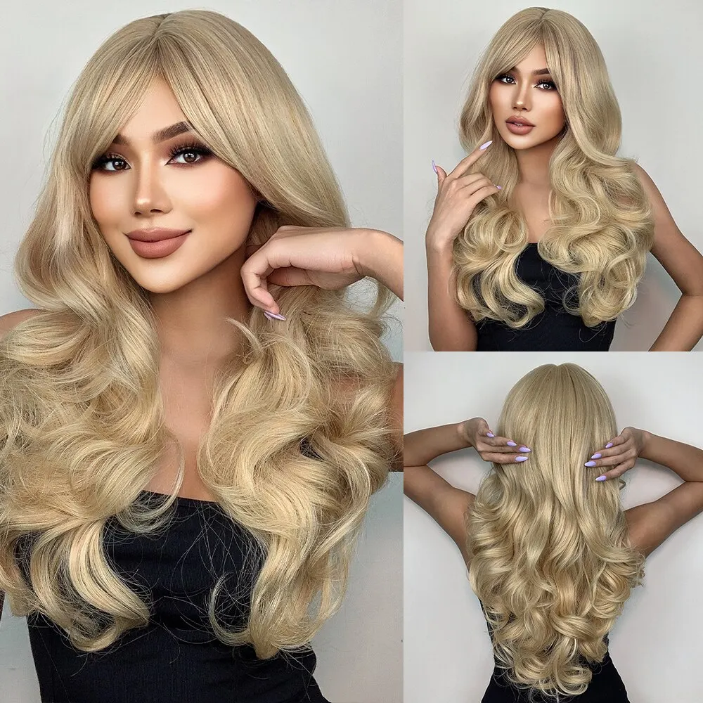 Perruque Synthétique Longue Blonde Frisée Avec Frange - Bonnet Inclus - Neuve