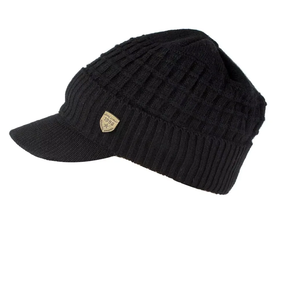 Men's Skullies Beanies with Visor for Warmth Winter Knit Earmuffs Thick Wool Lined Skull Ski Baseball Cap Winter Outdoor Riding 6