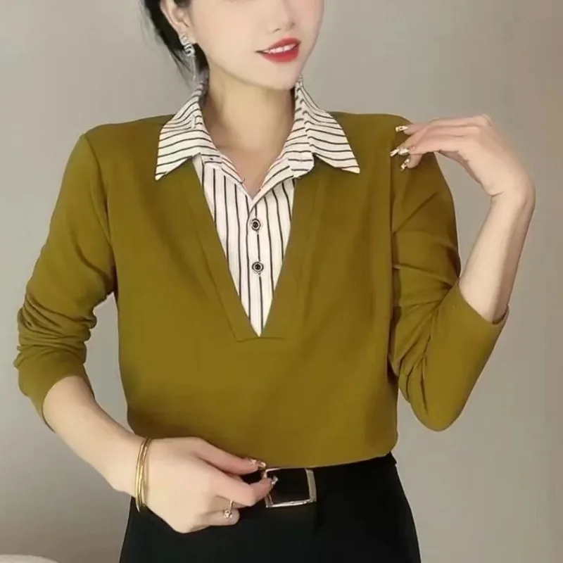 Women's Spring Autumn Fashion POLO Collar Splice Stripe Fake Two Piece Temperament Versatile Long Sleeve Loose Shirt Tops