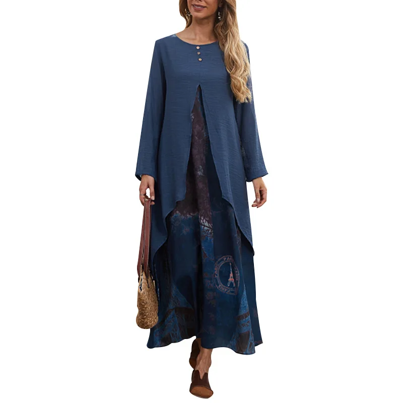 

New Abaya Muslim Women's Robe Simple Fashion Fake Two-Piece Style Print Long Dress Dubai Arab Islam Femme Elegant Casual Dress