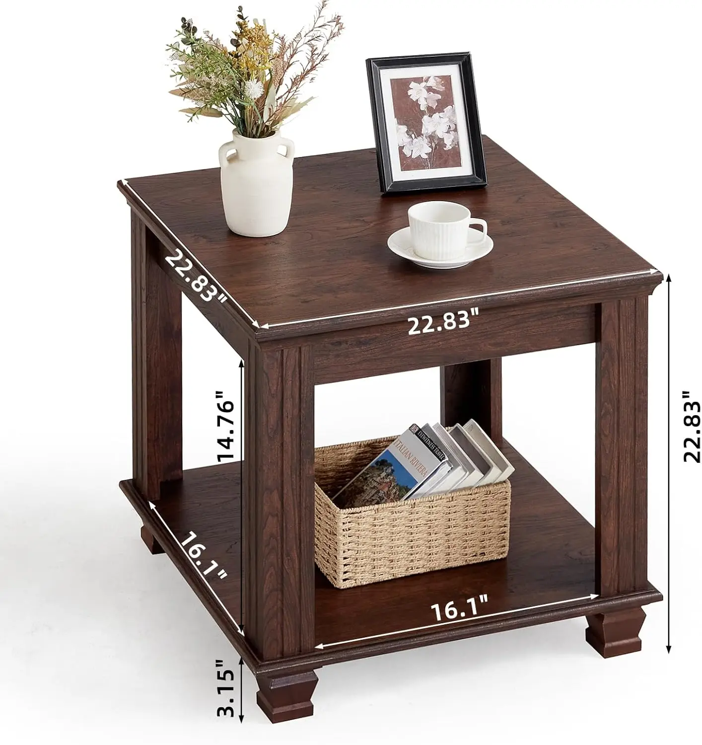 Farmhouse End Table,Large Side Table with 2-Tier Storage Shelf,Rustic Brown End Tables