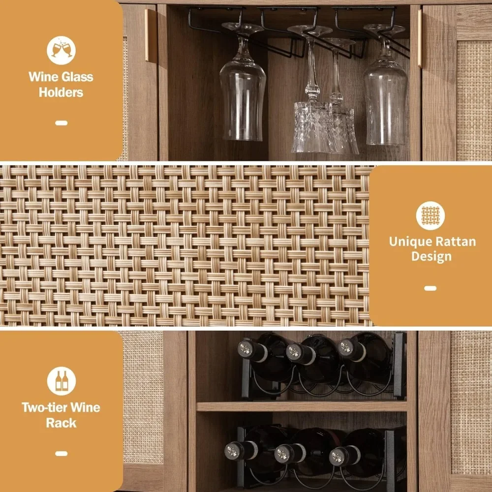 Coffee Bar Cabinet, Rattan Sideboard Buffet Cabinet with Storage, Boho Farmhouse Liquor Cabinet with Wine Racks Credenza