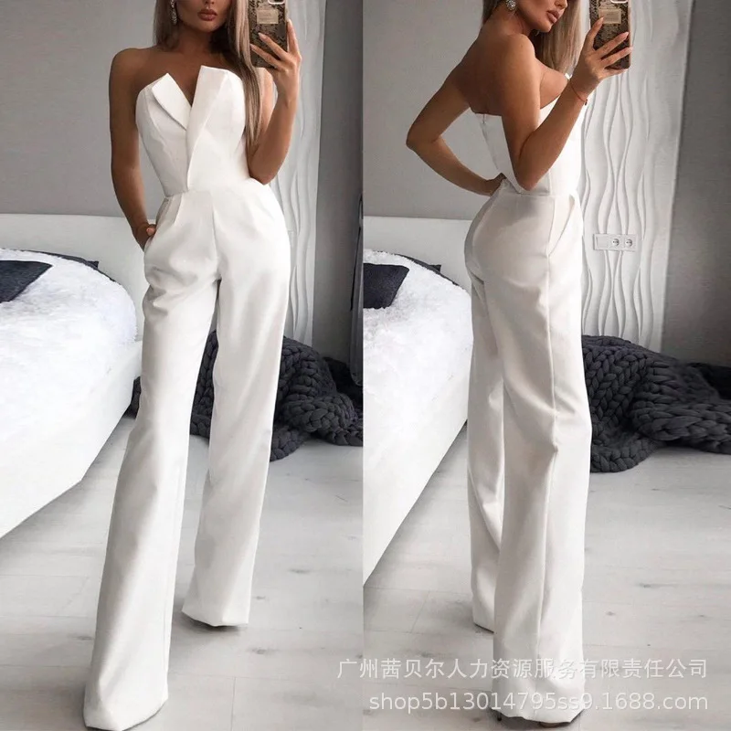 2023 Spring Summer Deep V-Neck Sexy Glitter Contrast Mesh Straight Leg Jumpsuit Spring Straight Leg Pocket Detail Jumpsuit