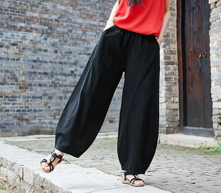 Vintage Style Cotton Linen Women Pants 2022 Spring Summer New Elastic Waist Solid Color Women Vintage Wide Leg Pants RV911 nike pants