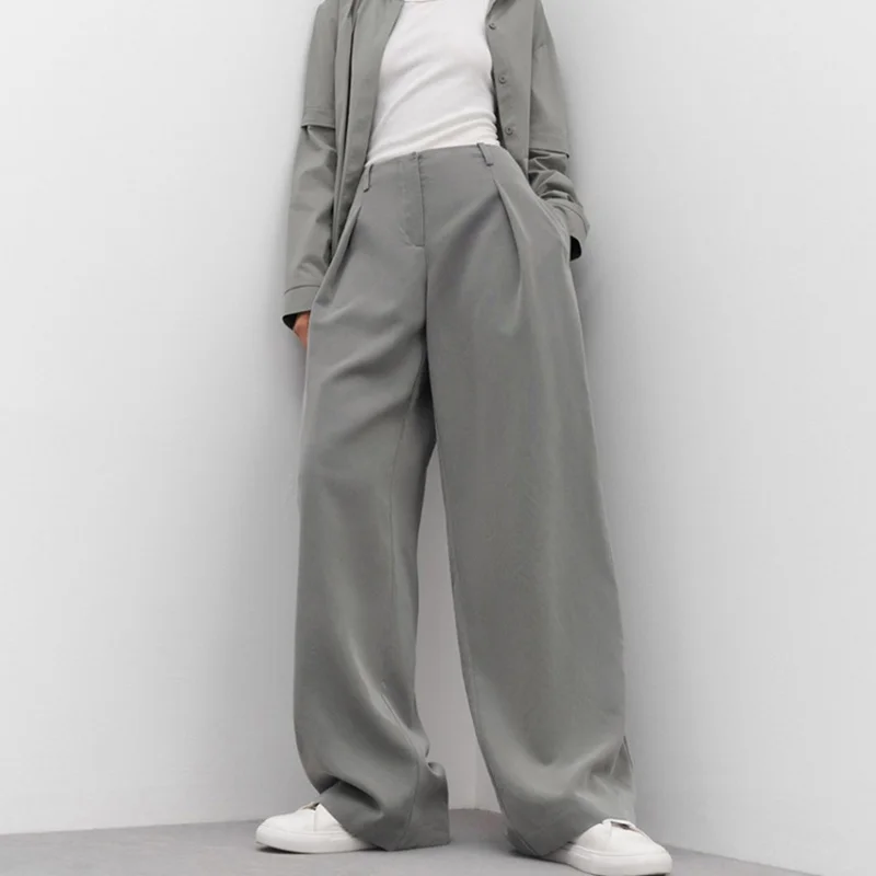 Commuter Gray Loose Pleated Suit Pants Women 2024 Spring High Waist Drape Casual Wide Leg Pants Trousers Fengsb