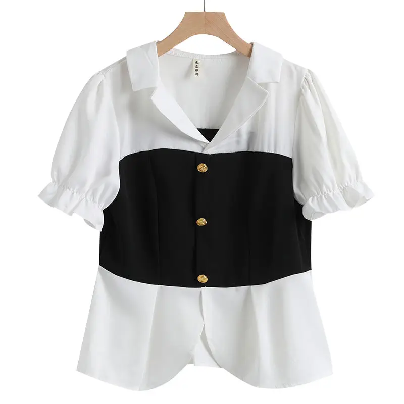 Fashionable Women's Summer New Design with a Sense of Niche, Western-style Splicing, Fake Two-piece Shirt and Pants Set