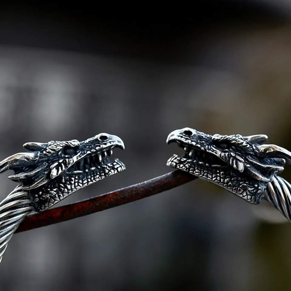 Vintage Viking Double Dragon Heads Bracelet Punk Stainless Steel Animal Open Bracelet for Men stainless steel bracelet bangle bracelet