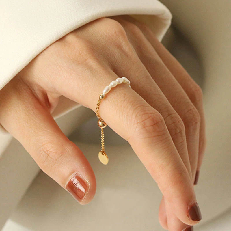 Adjustable Gold Color Rings French Retro Pearl Chain Pull for Women