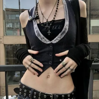 고딕 레트로 버튼 다운 핏 재킷 조끼, 단색 미적, 빈티지 페어리코어 그런지 슬림 탱크 탑, 민소매 펑크 스타일 조끼
