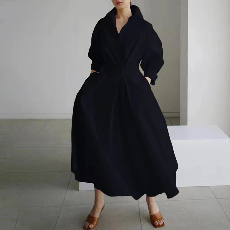

Oversized Elegant Vintage Women Spring Fashion Lapel Neck Long Sleeve Solid Long Shirt Dresses Classic Vestidos Robe Femme