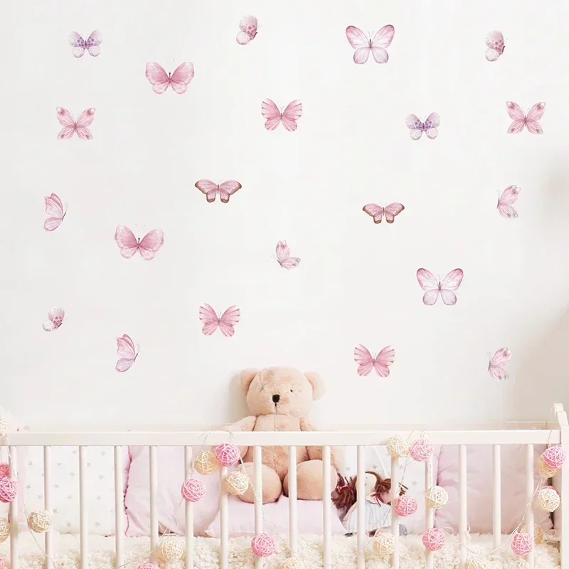 17Pcs Watercolor Soft Pink Flying Butterflies Pattern Wall Stickers for Kids Room Baby Nursery Room Girl Room Wall Decals Decor