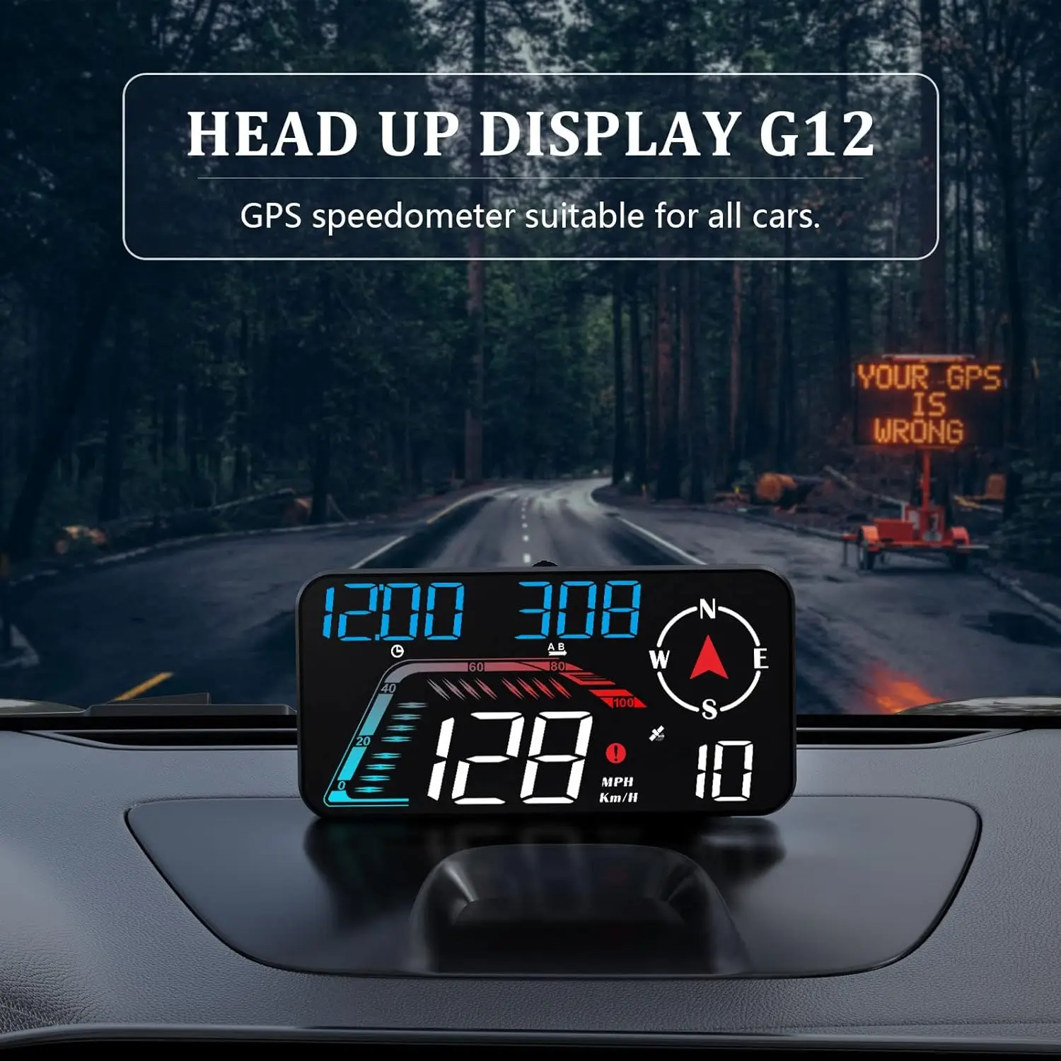 

2023 G12 GPS HUD Digital Speedometer Plug and Play for All Cars Big Font KMH MPH Mileage Local Time Altitude Head-up Display