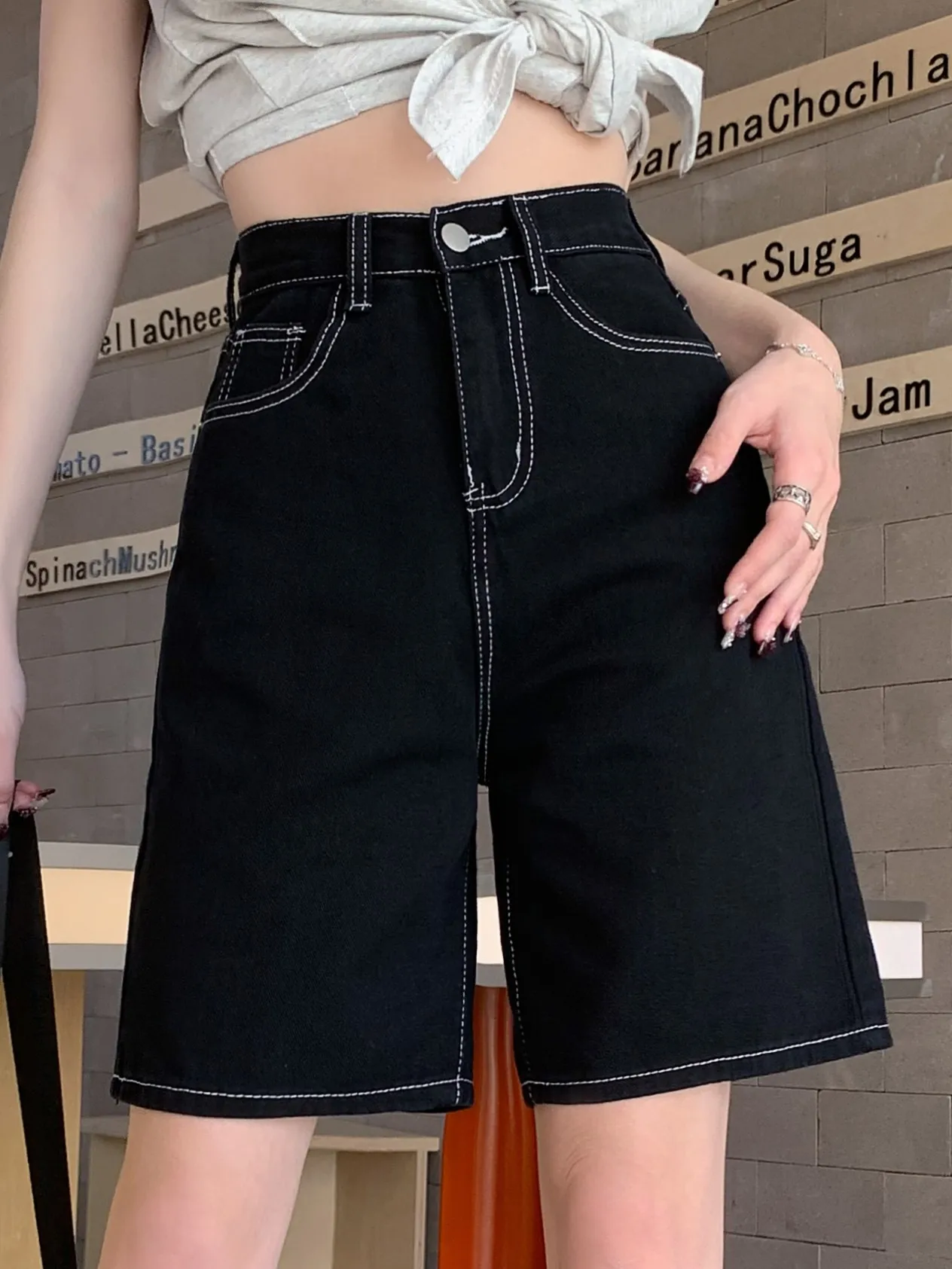 ZHISILAO New White Knee Length Denim Shorts Women Print Straight Jeans Shorts Summer 2024 Streetwear