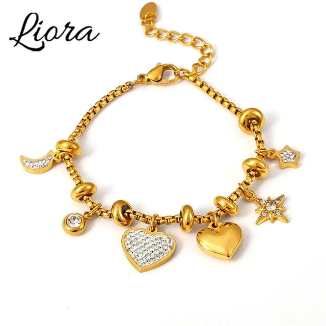 Liora Heart Moon Star Drop Pendant Women Stainless Steel Bracelets Zircon Wedding Banquet Charm African Bracelet Jewelry