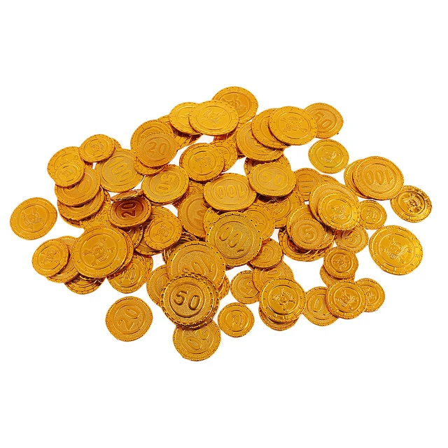 100x Plastic Treasure Pirate Coins Chest Pinata Play Money Coin for Birthday Party Loots 5