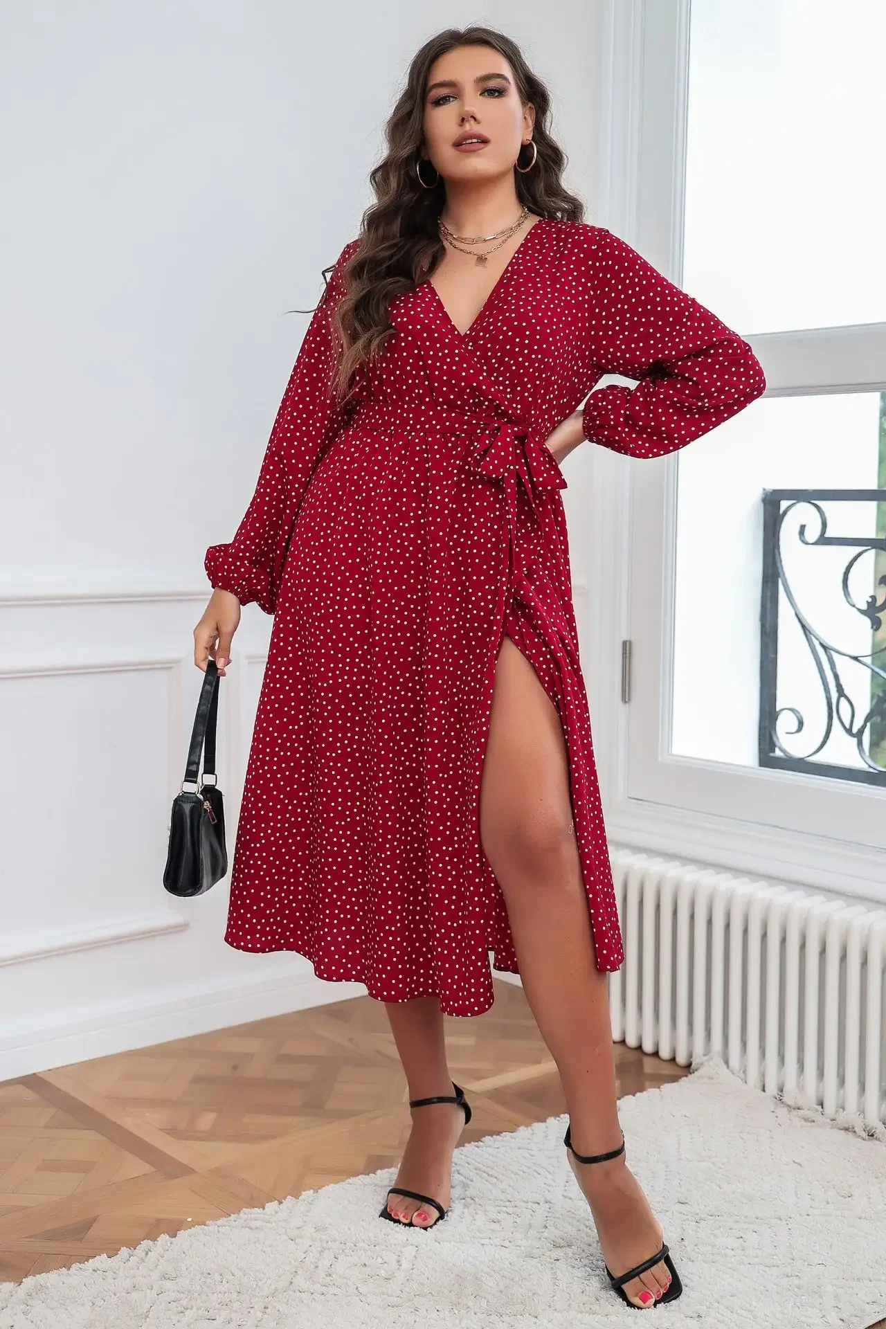 Plus Size Wrap V Neck Dresses Dotted Print Long Sleeves Boho Spring Fall A Line Swing Maxi Dress - view