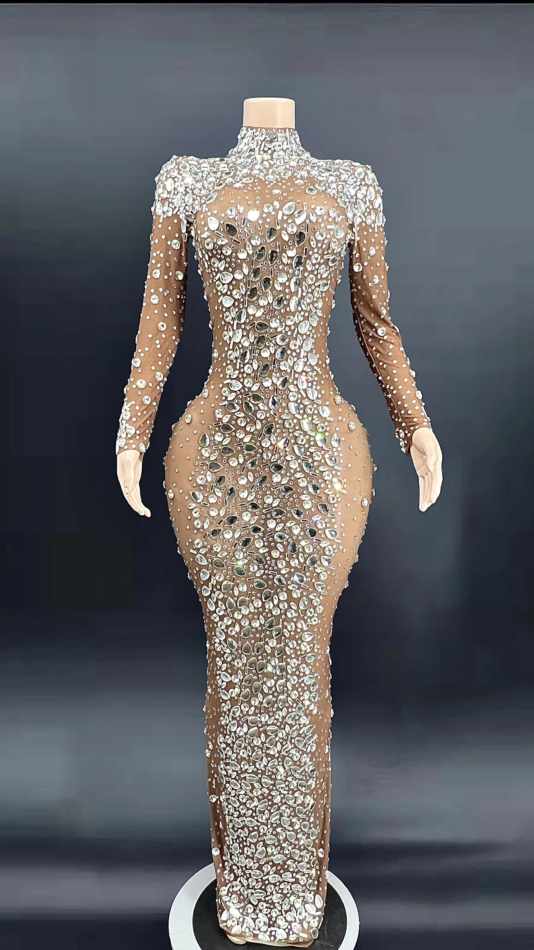 SeCrystals Stage Singer Host Mesh Dress Luxury Wedding Party Costume Birthday Outfit  Rhinestones Nude Transparent longth Dress