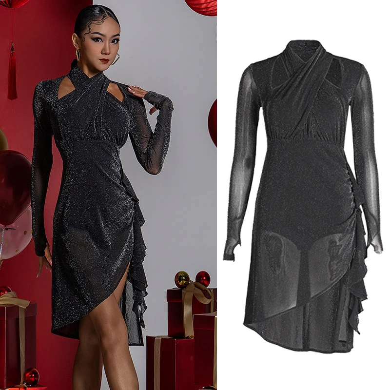 

Shiny Black Latin Dance Dress Women Long Sleeves Ruffles Latin Dress Ballroom Dancing Clothes Performance Practcie Dress SL7614