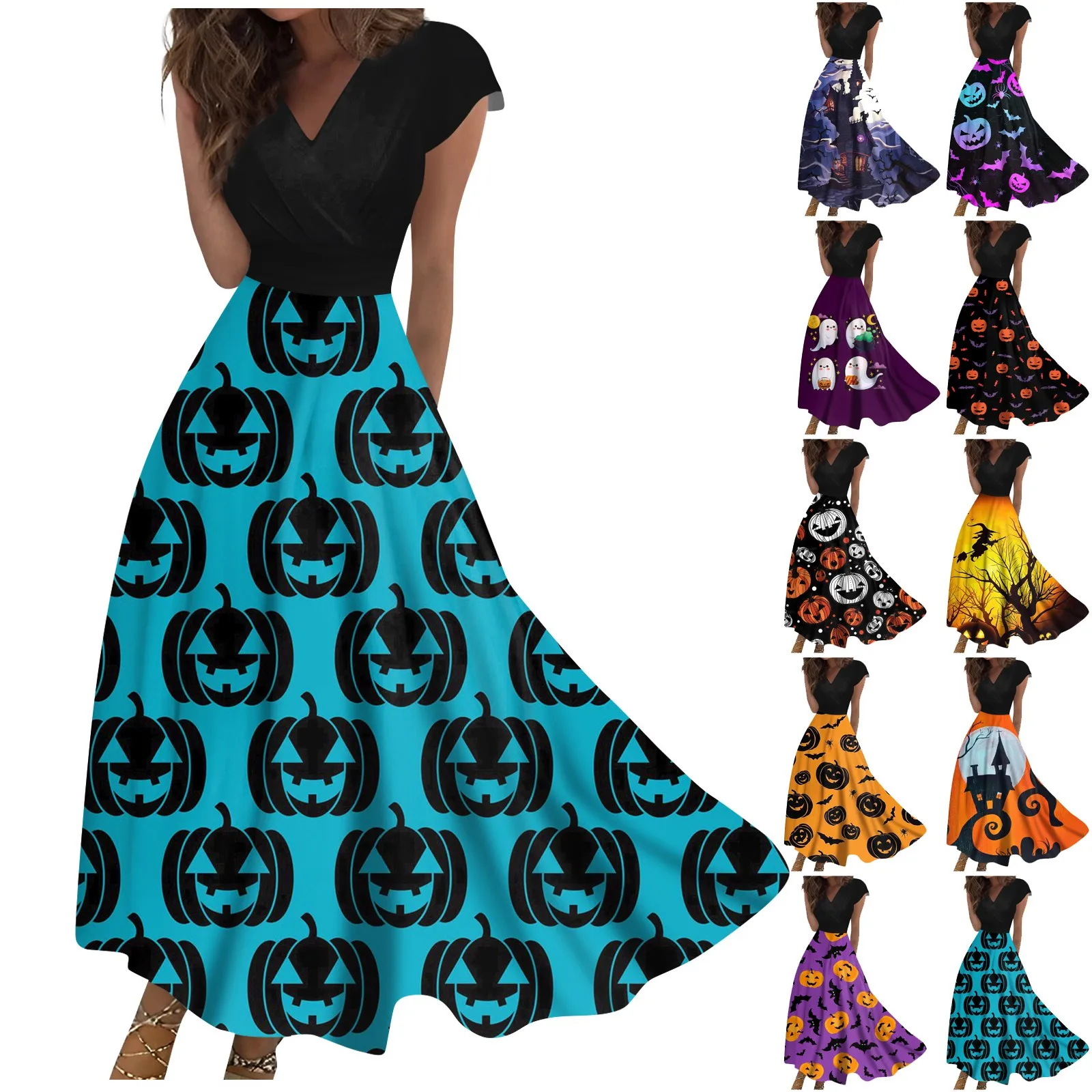 

Dress for Women Slim Fit holloween pumpkin head printed v neck Elegant Loose Vacation Outfit for Woman Women Dress Vestidos