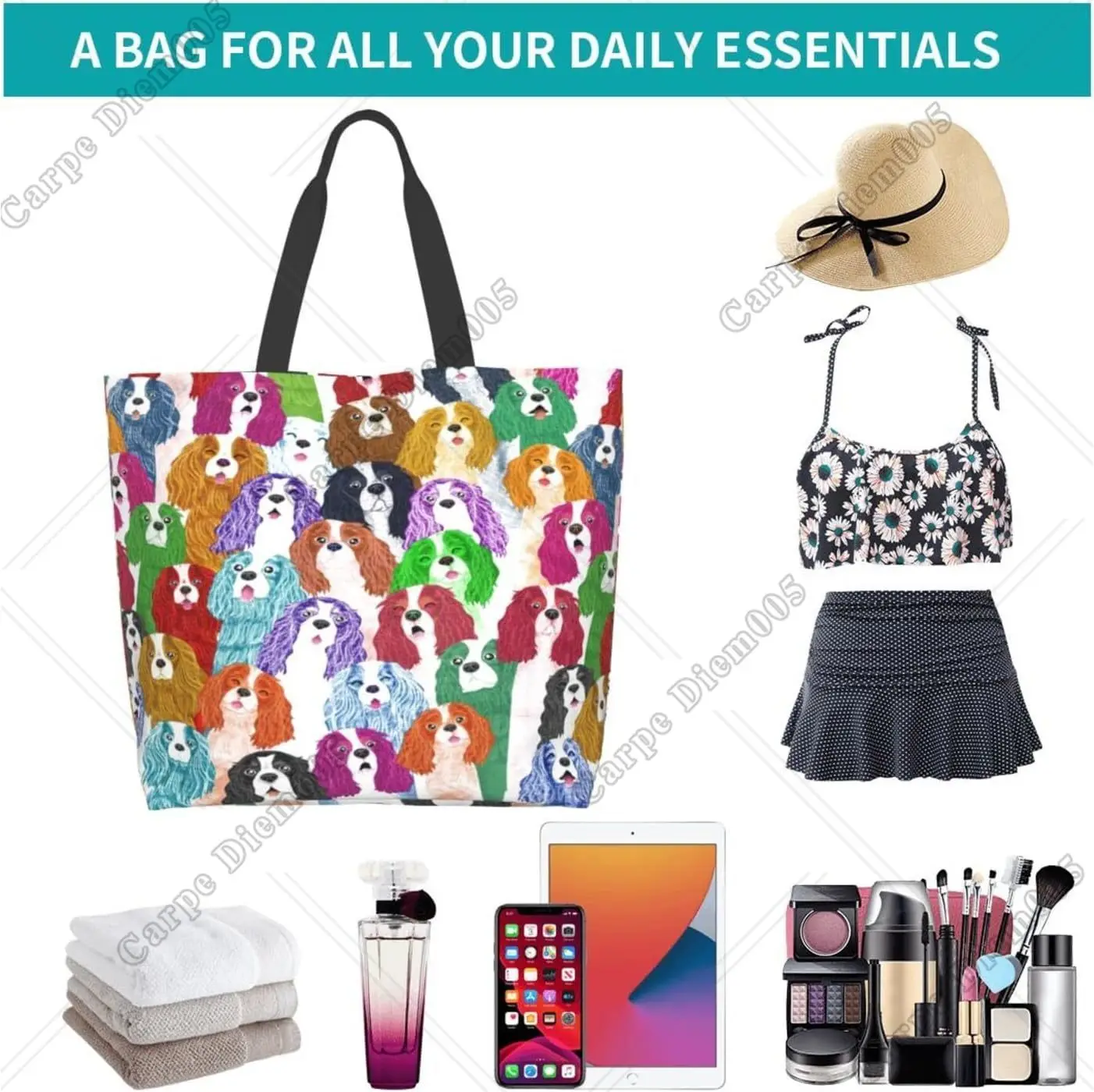 Charming Tie Dye King Charles Spaniel Puppy Tote Bag - Reusable and Colorful Shoulder Bag with Cute Cartoon Design