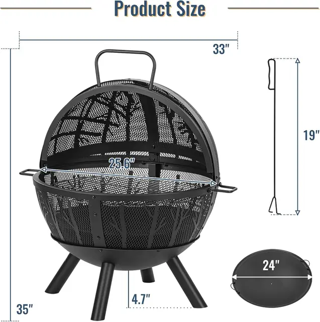 35 Inch Wood Burning Fire Pit with BBQ Grill, Heavy Duty Fire Pits Ball for Outside with Spark Screen & Removable Ash Pan 4