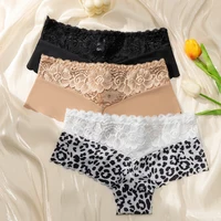 Culotte en dentelle léopard pour femme, sous-vêtement sexy, couleur unie, 3 pièces 5