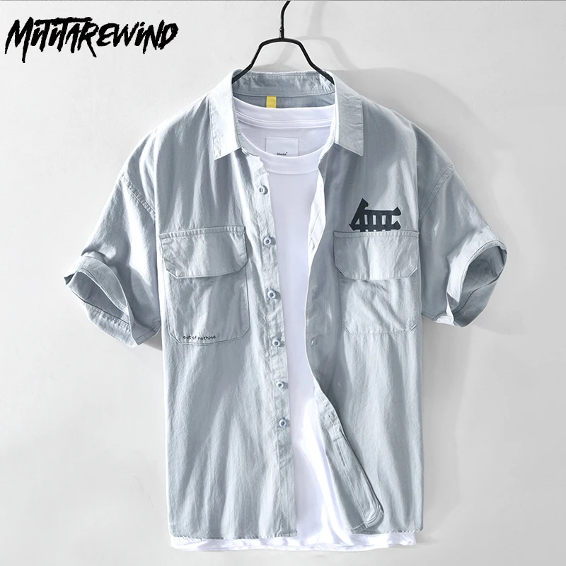 

Summer Cargo Shirt Men Casual Loose Solid Color Drop Shoulder Short Sleeves Shirt Japanese Trendy Pure Cotton Breathable Tops