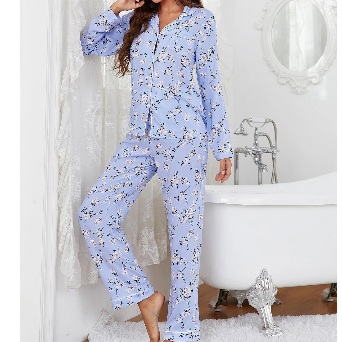 flower Pajama sets print women mujer conjuntos pijamas conjunto pyjama pijama femme ensembles feminino sleepwear pyjamas