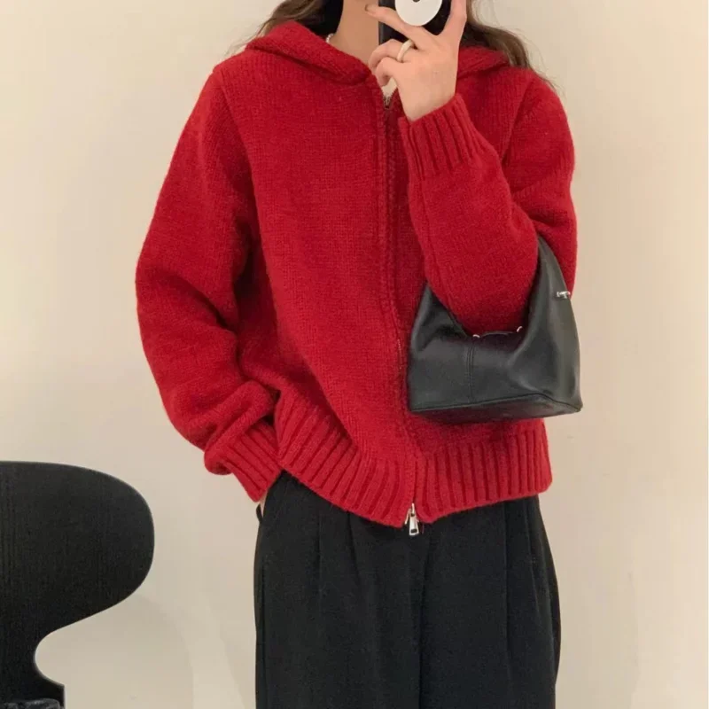 

Hooded Short Sweaters Cardigan Coat for Women Winter Korean Style Thickened Double Zipper Loose Lazy Tops Clothing Lady Knitting