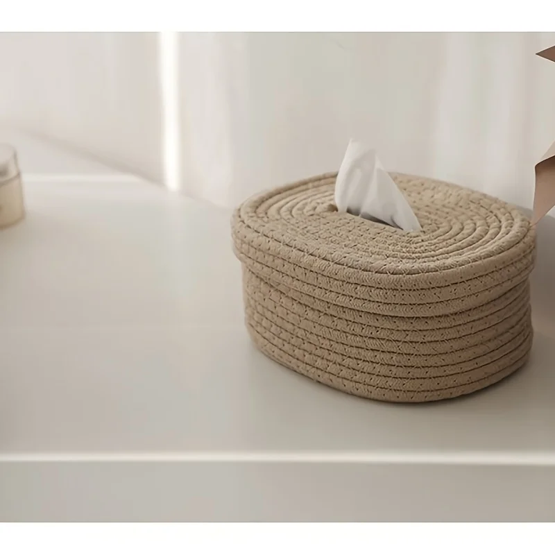 1pc Hand-Woven Fabric Tissue Box Holder-Stylish, Lightweight,Washable,Multifunctional Storage for Face Towels,Napkins on Home 3