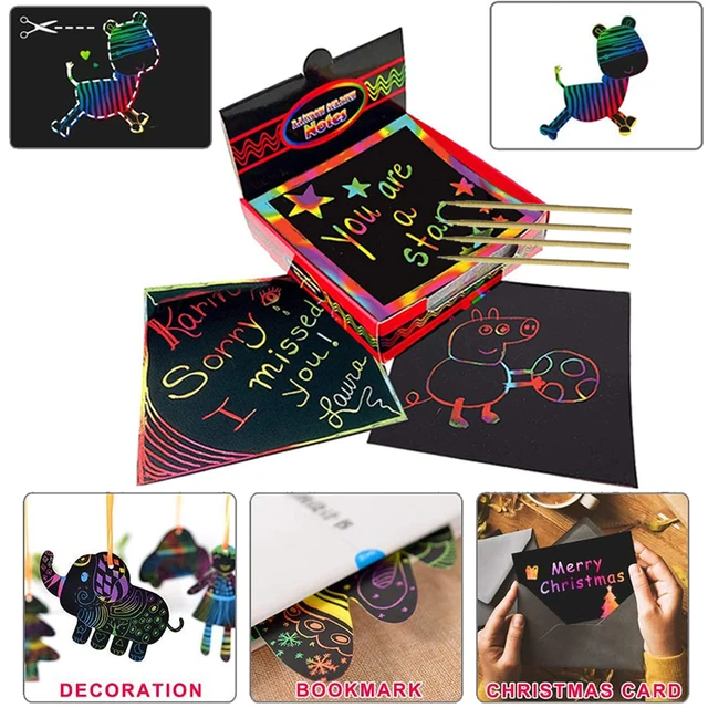 5/100 Pieces Kids Magic Rainbow Scratched Mini Note Paper Pad Cards DIY Kids Drawing Template Painting Toy Craft Gift 1