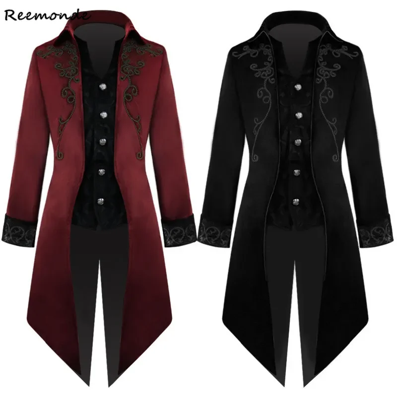 

Men Medieval Costume Victorian Black Red Retro Patchwork Jacket Steampunk Trench Tuxedo Tailcoat Jacket Coat Gothic Overcoat