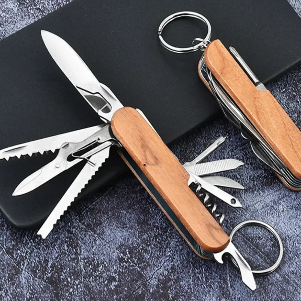 Damaly,Compact 11-in-1 Stainless Steel Folding Knife with Ergonomic Wooden Handle-Lightweight, Portable EDC Survival Tool