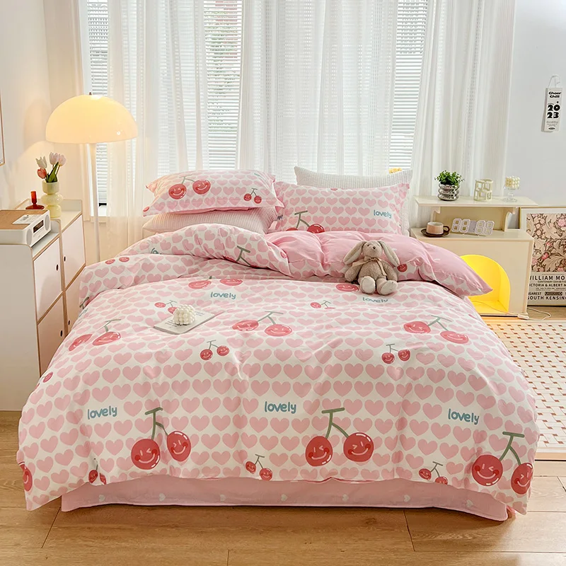 

Cute Cherry Duvet Cover Set Sweet Love Hearts Kawaii Bedding Set 100% Cotton Fruit Comforter Cover with Zipper for Girls Women