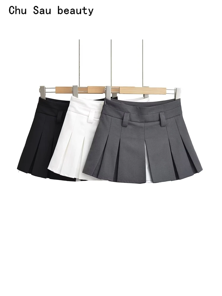 

Chu Sau beauty 2023 Women New Fashion Sweet Pleated Mini Skirt Preppy Style Mid Waist Short Skirts Chic Side Zipper Skorts