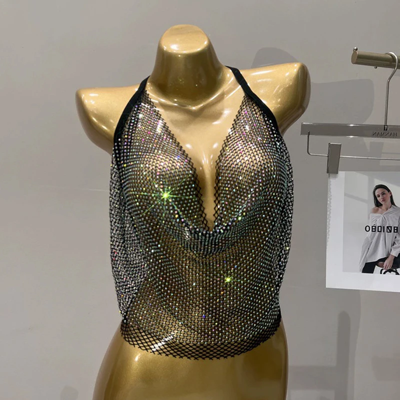 Sexy Strass-Bling-Kristall-Top mit Kettenbandage, Neckholder und Rückenausschnitt, kurzes Korsett-Top zum Binden – Detail 1
