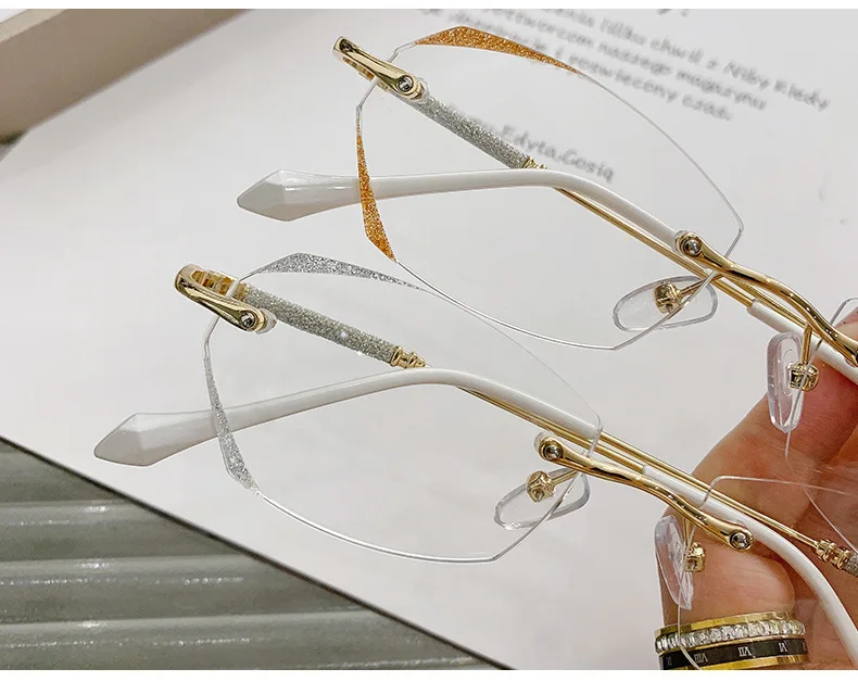 Metall Luxus Randlose Cat Eye Frauen Brillengestell Für Rezept Myopie Lesebrille – Detail 1