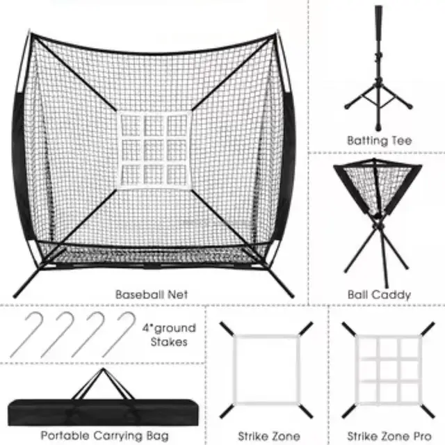 7x7 Foot Portable Baseball & Softball Practice Net Set – Includes Batting Tee, Ball Caddy, Strike Zone Target & Carry Bag