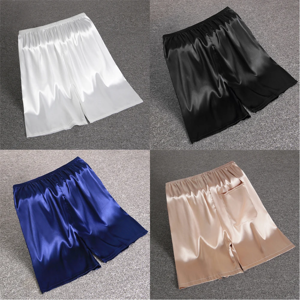 Herren-Pyjama aus Seidensatin mit elastischer Taille, weiche Shorts, Nachtwäsche, Taschenhöschen, Hose, Bermuda, schnell trocknende Strandshorts, männliche Jogginghose – Detail 2