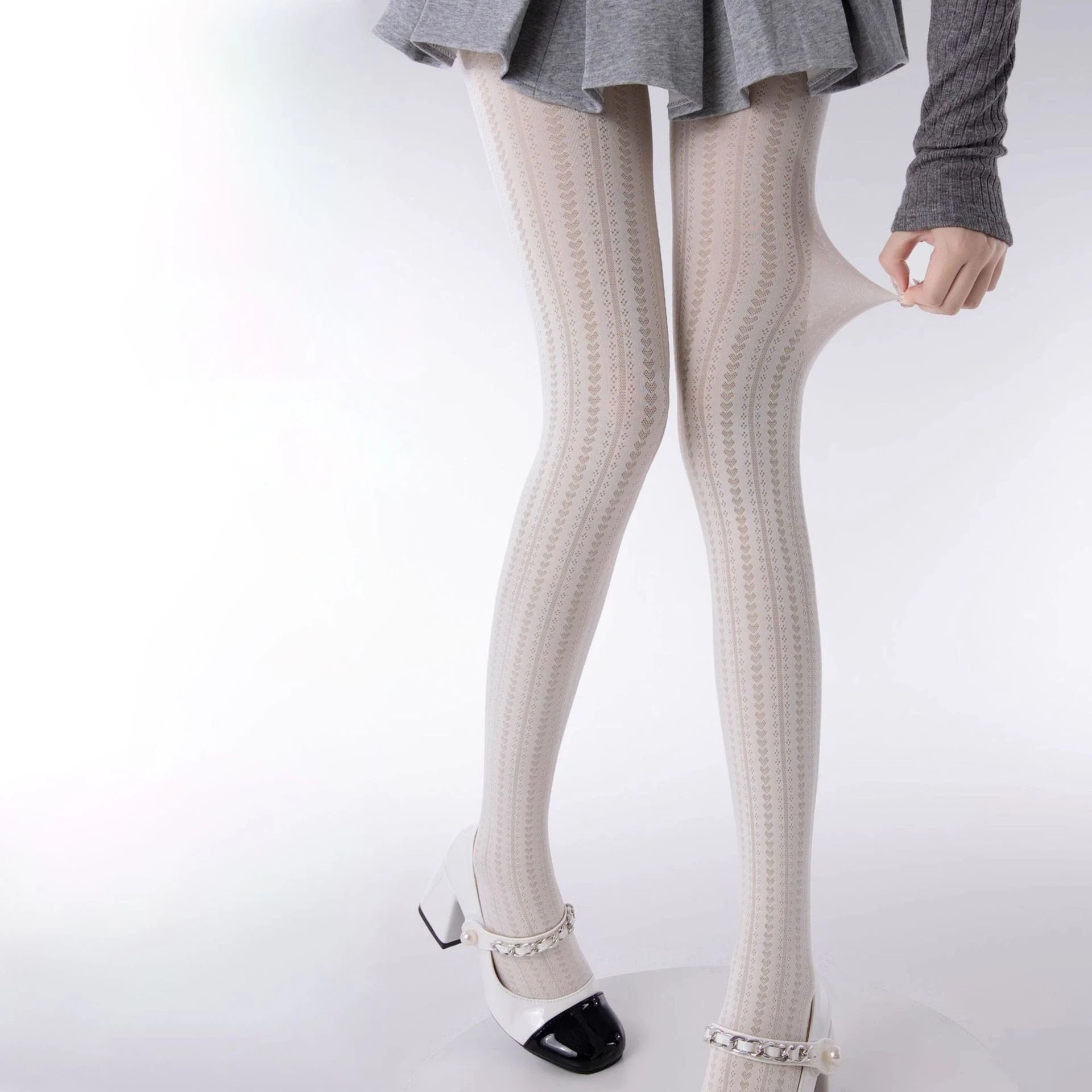 

Cute Sweet Love Heart Jacquard Women's Pantyhose Lolita Style Vertical Stripes Thin Dense Mesh Hottie Sexy Stretch Tights