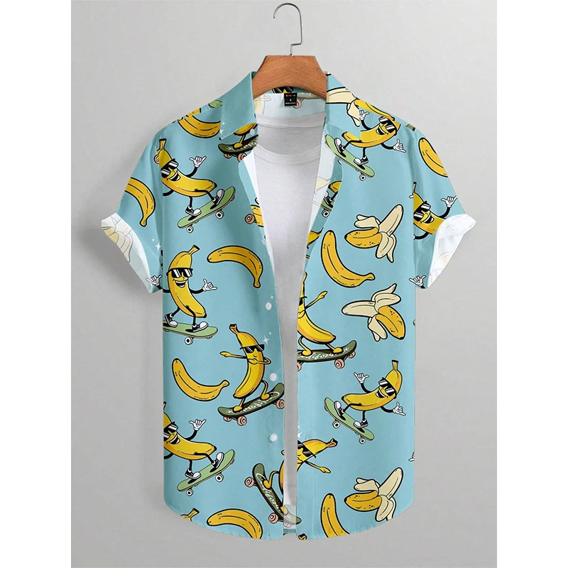 Hawaii Beach Shirt Mens Shirt Lapel Party Shirt Men Casual Street Short Sleeve Fashion Banana Animation Print Casual Short Shirt 3