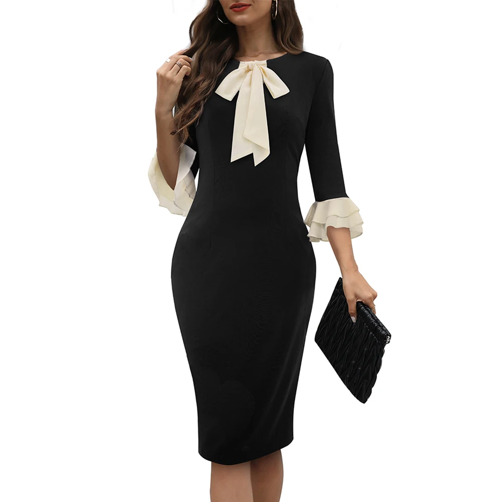 

Womens Elegant Formal Pencil Dress for Office Work OL Cocktail Party Dress with Bowknot Detail and Ruffled Sleeves