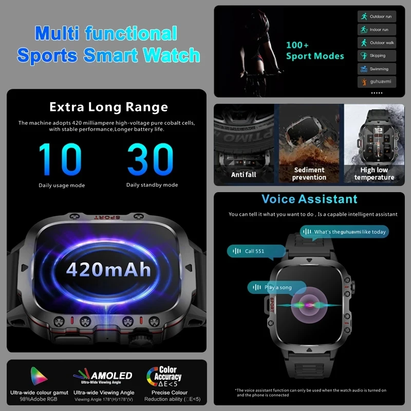 Smart Watch Men Rugged Durable 1.96 \'\' HD Display Bluetooth Call 420mah Blood Pressure 3ATM Sport Smart Watch For Huawei Xiaomi