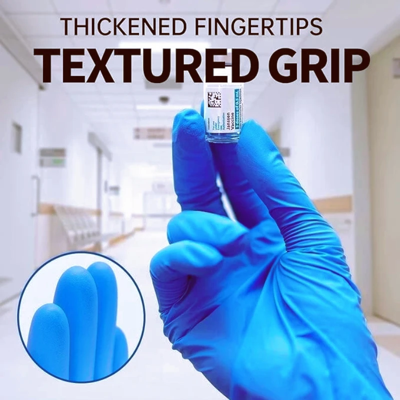 Gants nitrile jetables bleus tailles S, M et L présentés côte à côte pour comparaison.