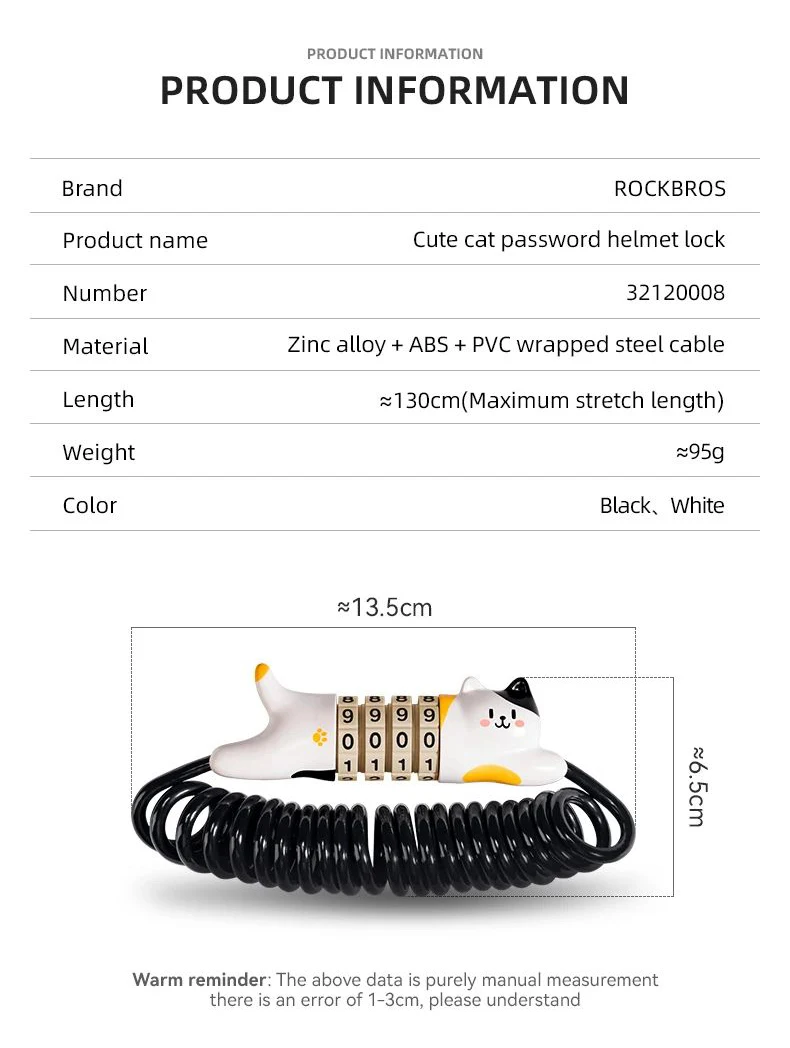 ROCKBROS Bicycle Helmet Lock 4-Digit Combination Password Lock Cartoon Cat Mini Portable Cable Lock Anti-Theft Bike Lock Cycling