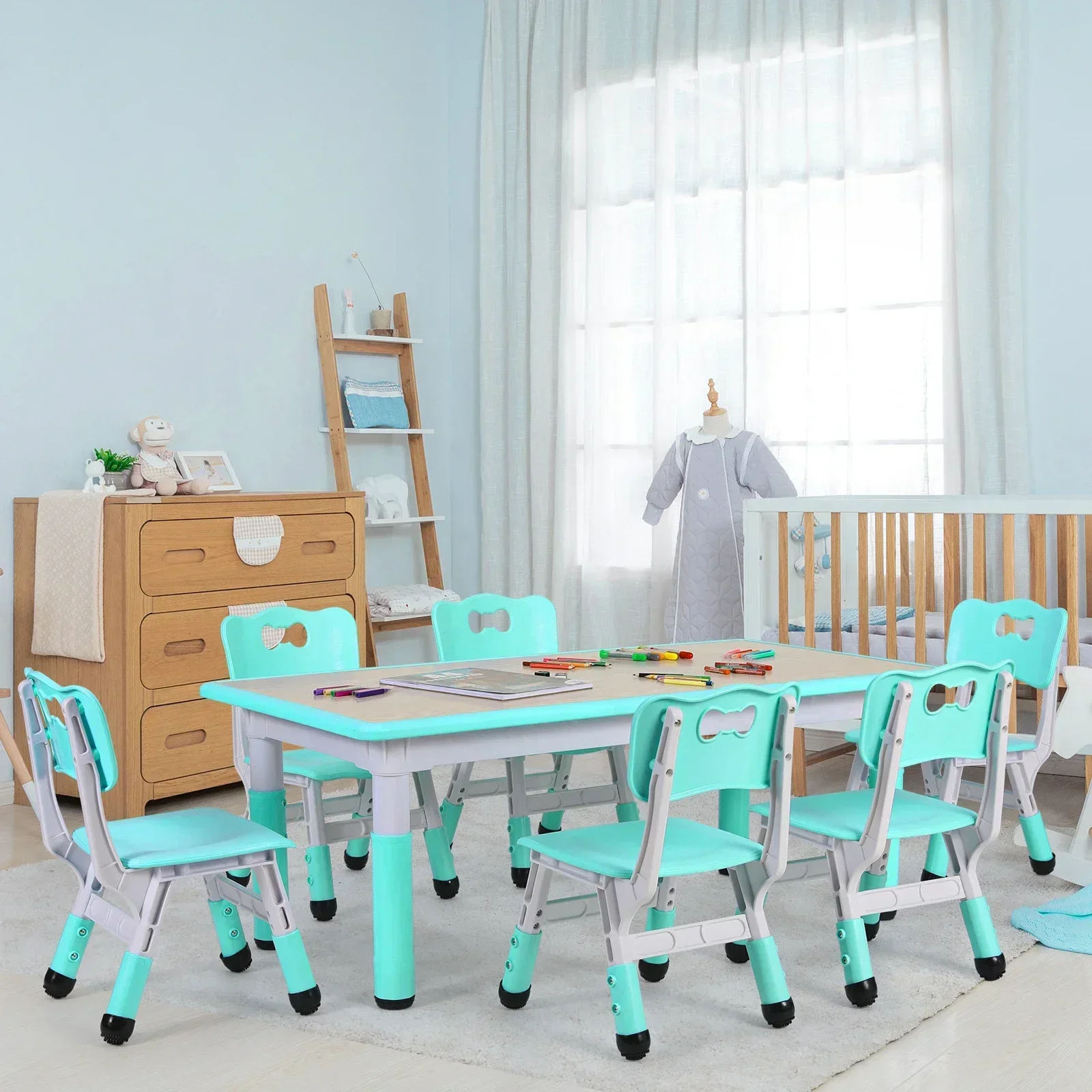 Homfa Rectangle Kids Table with 6 Chairs Set, Height Adjustable Toddler Multi Activity Table Set, Arts&Crafts Desk for 2-10 old 4